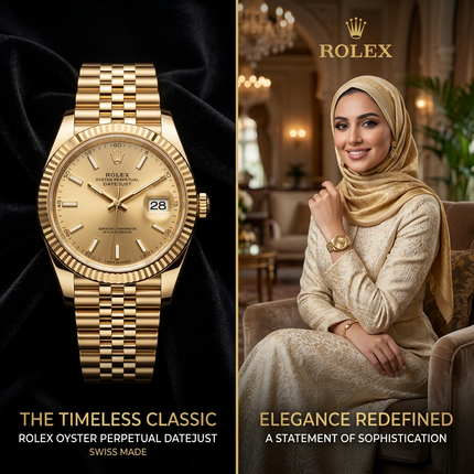 ساعة نسائية رولكس أيقونية من معدن ستيل 316L بطلاء ذهبي وفضي مزدوج 24K، قطر 36 ملم دائري فاخر، 60 ماسة حقيقية درجة VS1 في الإطار المسنن، عقارب ذهبية براقة، أرقام عربية فاخرة، عرض تاريخ ديجيتال، حركة كوارتز سويسرية عالية الدقة، زجاج ياقوت صفيري معاد للخدش، مقاومة للماء 100 متر، سوار معدني ذهبي وفضي متشابك، وزن 110 غرام، ضمان 36 شهر شامل - كنوز مصر

