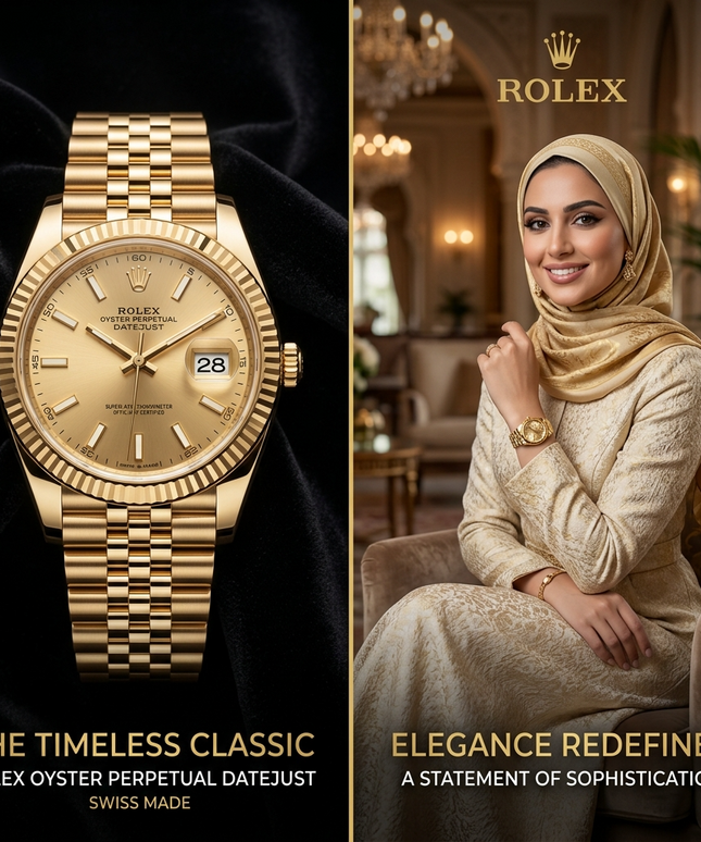 ساعة نسائية رولكس أيقونية من معدن ستيل 316L بطلاء ذهبي وفضي مزدوج 24K، قطر 36 ملم دائري فاخر، 60 ماسة حقيقية درجة VS1 في الإطار المسنن، عقارب ذهبية براقة، أرقام عربية فاخرة، عرض تاريخ ديجيتال، حركة كوارتز سويسرية عالية الدقة، زجاج ياقوت صفيري معاد للخدش، مقاومة للماء 100 متر، سوار معدني ذهبي وفضي متشابك، وزن 110 غرام، ضمان 36 شهر شامل - كنوز مصر
