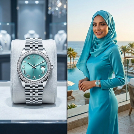 ساعة نسائية أيقونية من معدن ستيل 316L بطلاء ذهبي وفضي مزدوج، شاشة دائرية كبيرة فاخرة، 60 ماسة حقيقية درجة أولى في الإطار، عقارب ذهبية براقة، أرقام عربية فاخرة، تاريخ ديجيتال، حركة كوارتز سويسرية، زجاج ياقوت معاد للخدش، مقاومة للماء 100 متر - كنوز مصر
