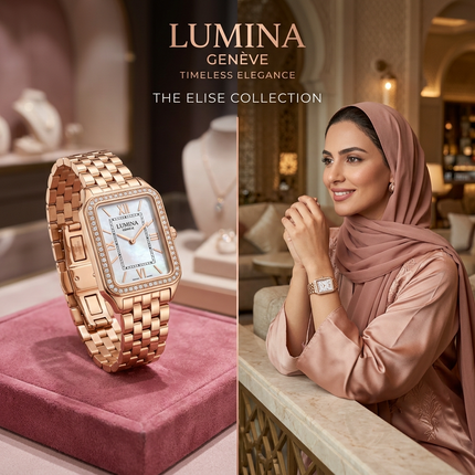 "ساعة نسائية Lumina Geneve ذهب وردي 24K خالص مربعة 34 ملم مع 140 ماسة نمساوية حول الإطار بالكامل ومينا لؤلؤي أبيض حركة كوارتز سويسري فائق الدقة أرقام رومانية ذهبية من كنوز مصر"
