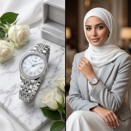 ساعة نسائية Aurora Diamond من معدن ستيل 316L بطلاء فضي براق، شاشة دائرية كبيرة 35 ملم، 80 ماسة حقيقية درجة أولى (الأكثر!)، عقارب فضية براقة جداً، أرقام عربية عصرية، ماسات على كل الشريط، حركة كوارتز سويسرية، مقاومة للماء 50 متر - كنوز مصر
