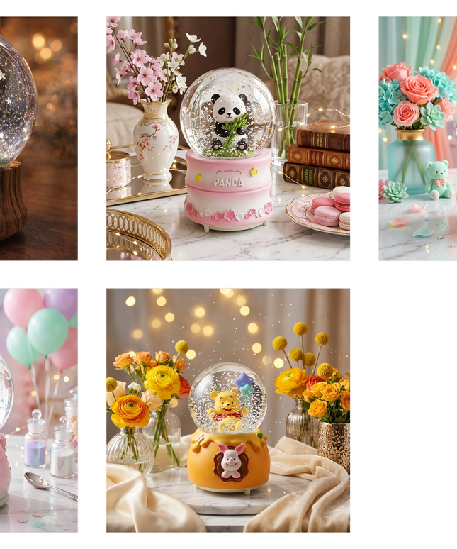 مجموعة كرات الثلج السحرية "حكايات الأصدقاء الحلوة" بشخصيات عالمية محبوبة على قواعد حلويات فاخرة - 4 تصاميم حصرية: ويني الدبدوب الذهبي على فنجان عسلي، يونيكورن الأحلام على قاعدة باستيل سحرية، باندا الحديقة على كيكة وردية،