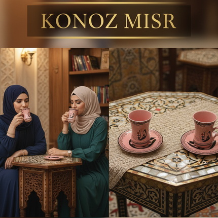  تفاصيل الألوان الترابية الدافئة والرسومات التراثية على طقم فناجين كنوز الليل
