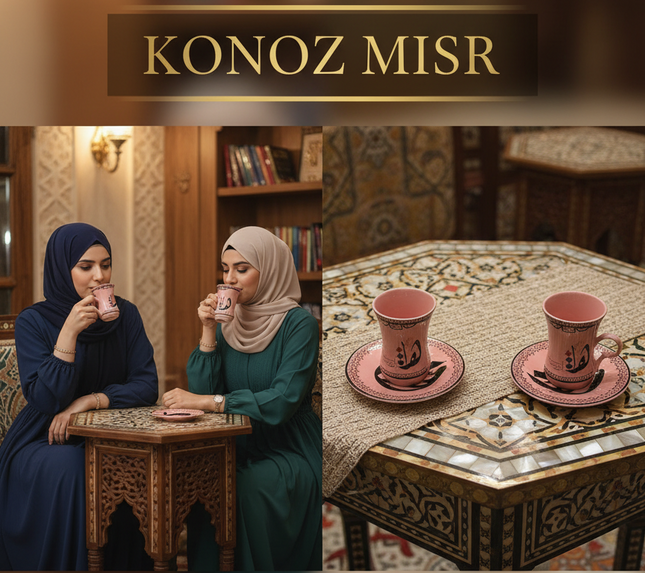  تفاصيل الألوان الترابية الدافئة والرسومات التراثية على طقم فناجين كنوز الليل
