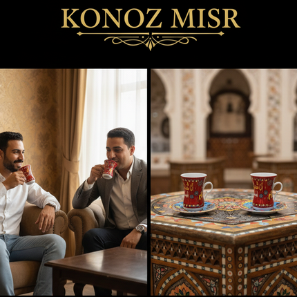 تفاصيل الرسومات التراثية الشعبية المبهجة والألوان الزاهية على طقم فناجين الليلة الكبيرة
