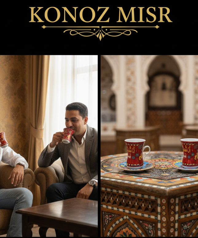 تفاصيل الرسومات التراثية الشعبية المبهجة والألوان الزاهية على طقم فناجين الليلة الكبيرة
