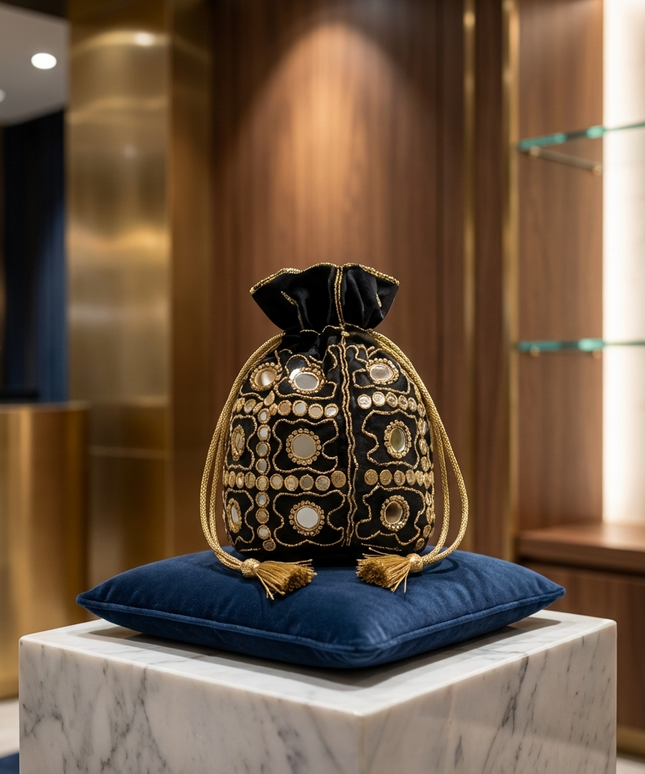 شنطة سحر الليل الأسود من مجموعة جواهر الليالي الساحرة - باطوة مخمل إيطالي أسود مطرزة يدوياً بتطريز Zardozi ذهبي كثيف مع أكثر من 400 مرآة كريستالية لامعة وتطعيمات ذهبية بارزة - سلسلة ذهبية قابلة للفصل - شنطة سهرة فاخرة للأفراح والمناسبات الرسمية من كنوز مصر
