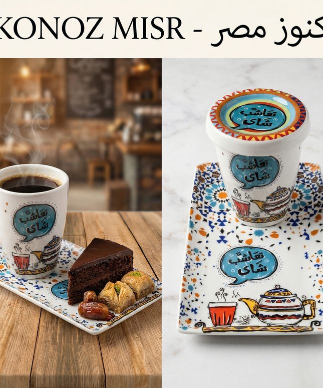 كوب شاي كبير مع غطاء بورسلين وصينية تقديم بتصميم تراثي مصري - طقم تعاليل شاي للضيافة الأصيلة
