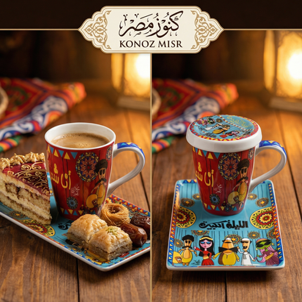 طقم الليلة الكبيرة من بورسلين فتحي محمود - أكواب كبيرة بغطاء وصواني برسومات فولكلورية متوفر بـ 4 ألوان (أزرق، بيج، أصفر، بني) من كنوز مصر
