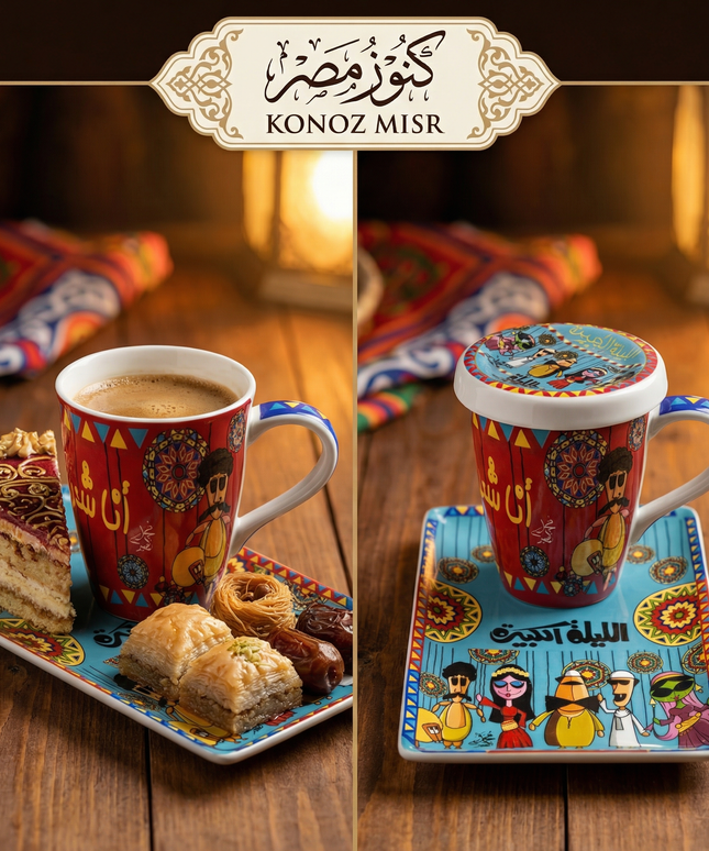 طقم الليلة الكبيرة من بورسلين فتحي محمود - أكواب كبيرة بغطاء وصواني برسومات فولكلورية متوفر بـ 4 ألوان (أزرق، بيج، أصفر، بني) من كنوز مصر
