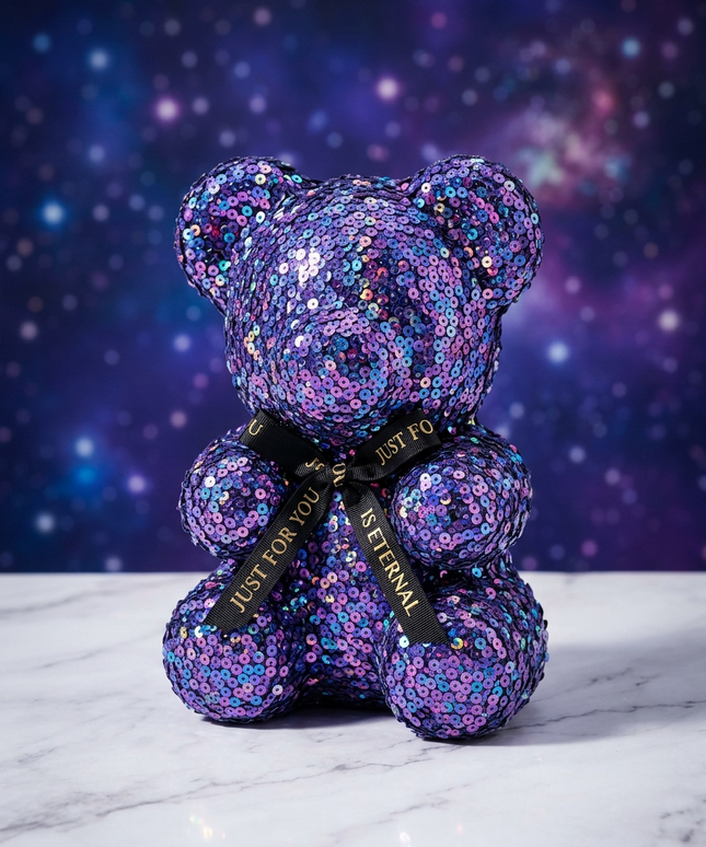 دب الأحلام المتلألئ بلون لافندر بنفسجي فاتح مغطى بالكامل بآلاف حبات الترتر اللامعة مع بريق فضي ناعم - شريطة ساتان سوداء مطرزة بعبارة Just for You - محاط بأزهار الخزامى البنفسجية الطبيعية - خلفية ضبابية هادئة - هدية رومانسية حالمة وديكور مريح - مجموعة سحر النجوم اللامعة من كنوز مصر
