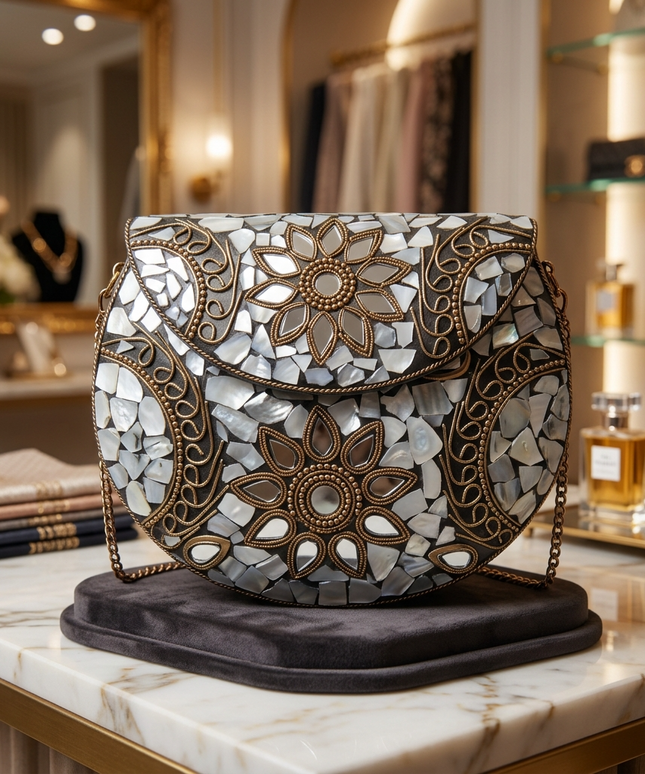  تفاصيل قريبة لشنطة فسيفساء كليوباترا الذهبية - موزاييك فرعوني فاخر بأحجار طبيعية بيضاء وإطار ذهبي على قاعدة مخملية
