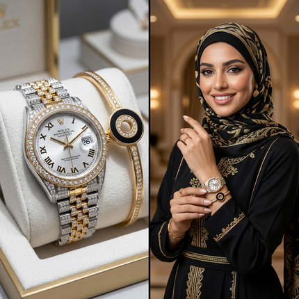 ساعة Luxury Gemstone Royal ستيل فاخر مع ذهب 24K خالص دائرية 34 ملم، ياقوت أحمر وأخضر وأزرق أصلي، 180 ماسة نمساوية VS1 براقة حول الإطار كاملاً، إطار محاط بالماسات والأحجار الملونة، سلسلة تريبل رو مرصعة بالماسات الفاخرة، ميناء أبيض لؤلؤي براق، حركة كوارتز سويسري، من كنوز مصر
