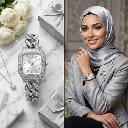 "ساعة نسائية Eclipse Collection ذهب 24K خالص مربعة أنيقة 36 ملم مع 100 ماسة نمساوية درجة أولى وأرقام رومانية ذهبية حركة كوارتز سويسري دقيق مقاومة ماء 150 متر من كنوز مصر"