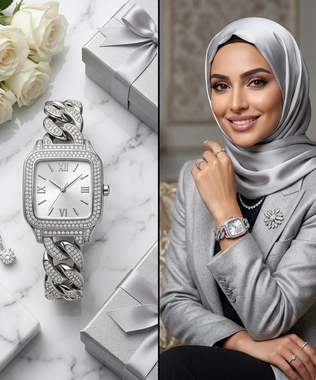 "ساعة نسائية Eclipse Collection ذهب 24K خالص مربعة أنيقة 36 ملم مع 100 ماسة نمساوية درجة أولى وأرقام رومانية ذهبية حركة كوارتز سويسري دقيق مقاومة ماء 150 متر من كنوز مصر"