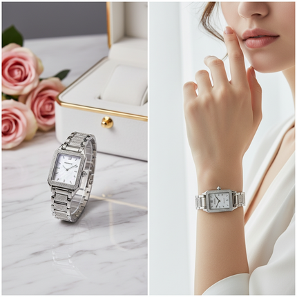 "ساعة نسائية Silver Pearl Essence فضة نقية 925 مستطيلة أنيقة 34×40 ملم مع 150 ماسة نمساوية ومينا لؤلؤي فضي براق حركة كوارتز سويسري دقيق نقش منسوج من كنوز مصر"
