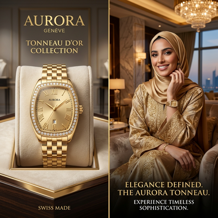 "ساعة نسائية Tonneau D'Or ذهب 24K خالص برميلية فاخرة 37 ملم مع 125 ماسة نمساوية درجة أولى وإطار محاط بماسات كاملة حركة كوارتز سويسري دقيق جداً من كنوز مصر"
