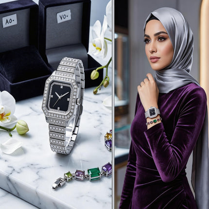 ساعة VO Diamond Tennis Bracelet ستيل 316L مع ذهب 18K مربعة 32 ملم، إجمالي 4 قيراط ماسات VS1، سلسلة Tennis Bracelet مرصعة بالماسات، ميناء أسود كلاسيكي، حركة كوارتز سويسري، مقاومة ماء 50 متر، من كنوز مصر
