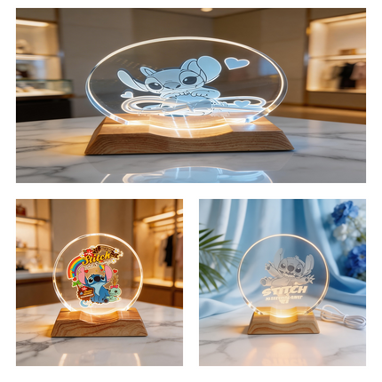 مجموعة مصابيح الأكريليك المضيئة "ستيتش - نور الأحلام الزرقاء" 💙 3D LED Night Lights بشخصية ستيتش المحبوبة على قواعد خشبية طبيعية فاخرة - 3 تصاميم حصرية: ستيتش القلوب الرومانسي المنقوش، ستيتش وسكرامب الأوهانا الملون،